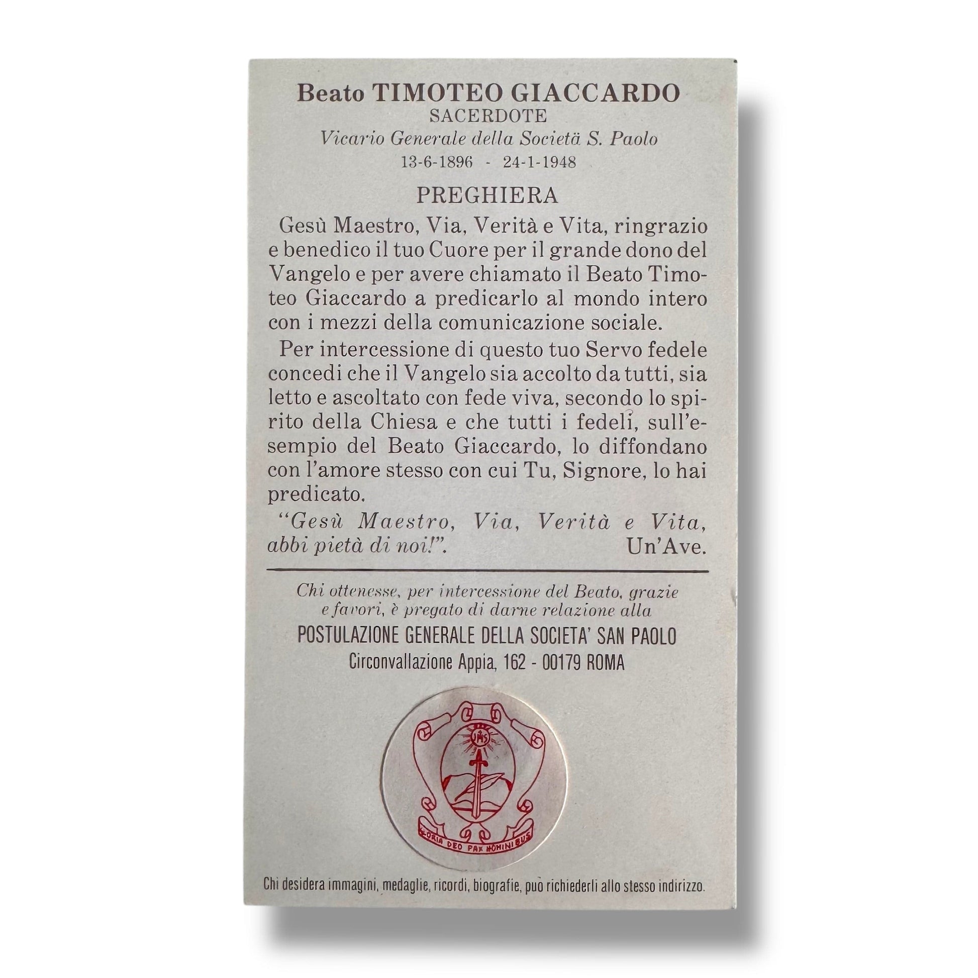 Catholically Holy Card Vintage Holy Relic Card – Blessed Timoteo Giaccardo