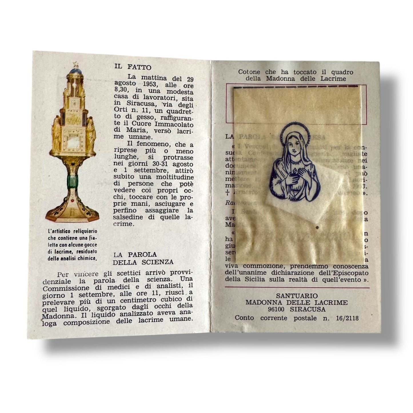 Catholically Holy Card Vintage Relic Card – Madonna delle Lacrime (Weeping Madonna of Syracuse)