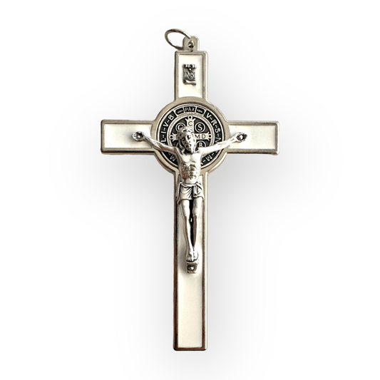 Catholically St Benedict Cross White 4 1/2" St. Benedict Crucifix - Exorcism Cross  - Blessed - San Benito Cruz
