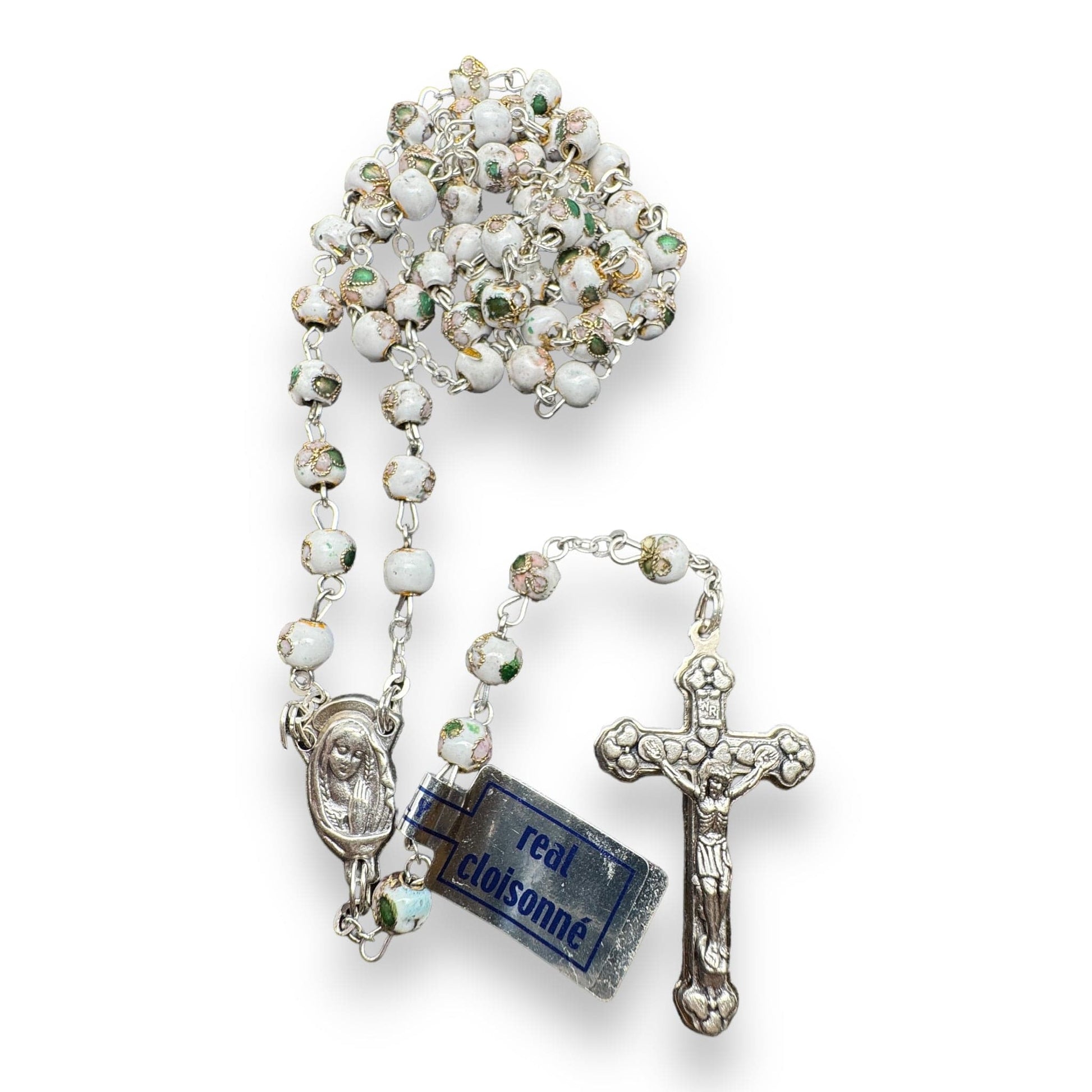 Catholically Rosaries White Cloisonne Rosary Small Beads - Catholic - Blessed By Pope  w/ Parchment
