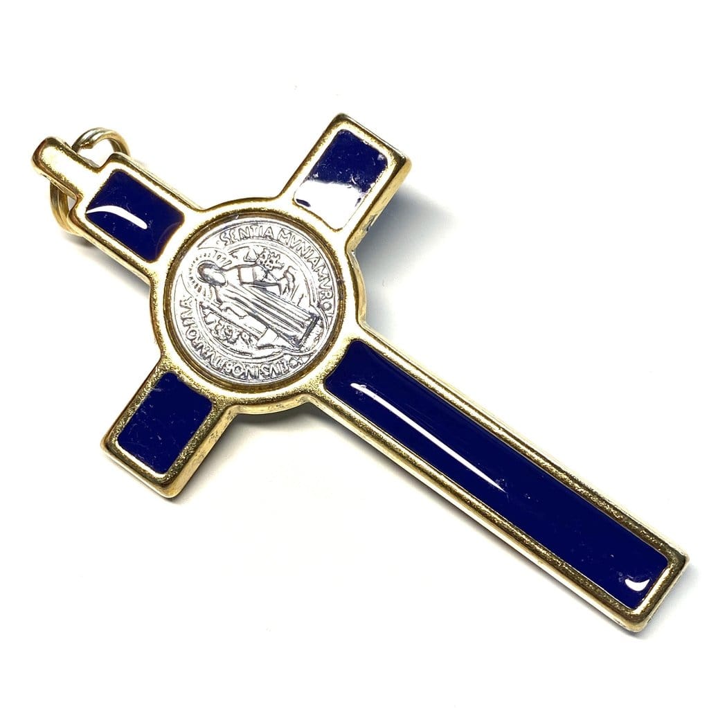 Catholically St Benedict Cross 3" Blue Brass Saint St. Benedict Crucifix - Exorcism- Cross -Blessed By Pope
