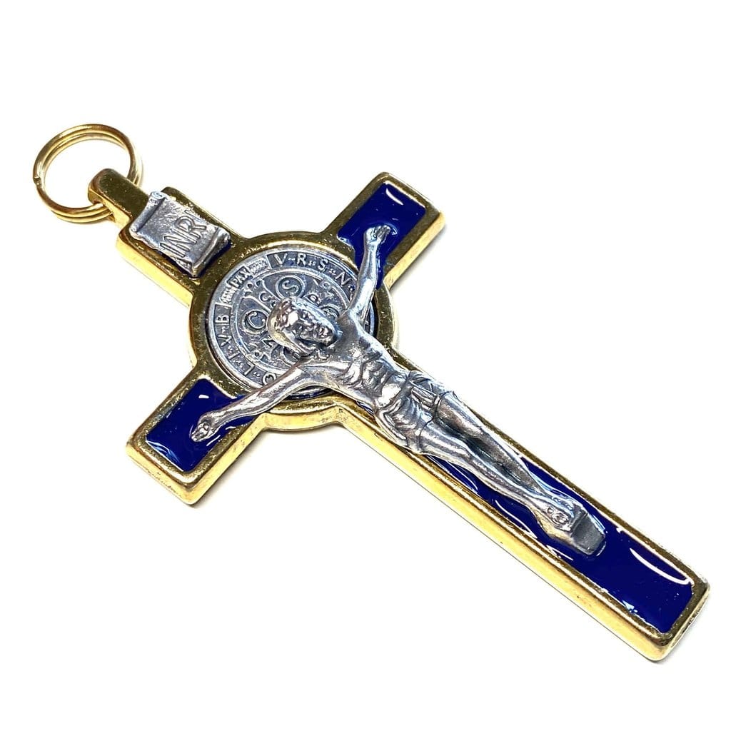 Catholically St Benedict Cross 3" Blue Brass Saint St. Benedict Crucifix - Exorcism- Cross -Blessed By Pope