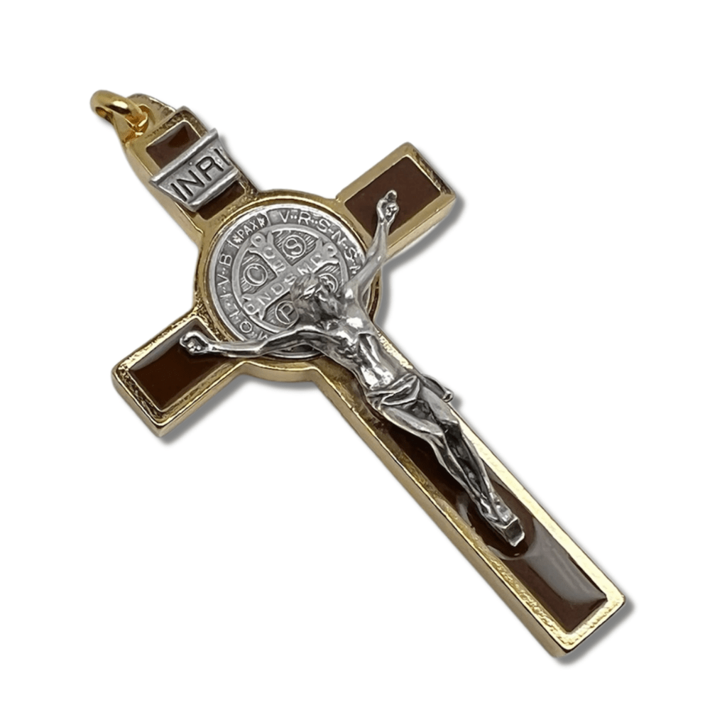 Catholically St Benedict Cross 3" Brown Brass Saint St. Benedict Crucifix - Exorcism Cross - Blessed By Pope