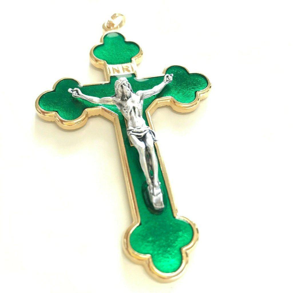 3 GREEN Pectoral Cross - Crucifix - Blessed by Pope Francis -First Communion - Catholically