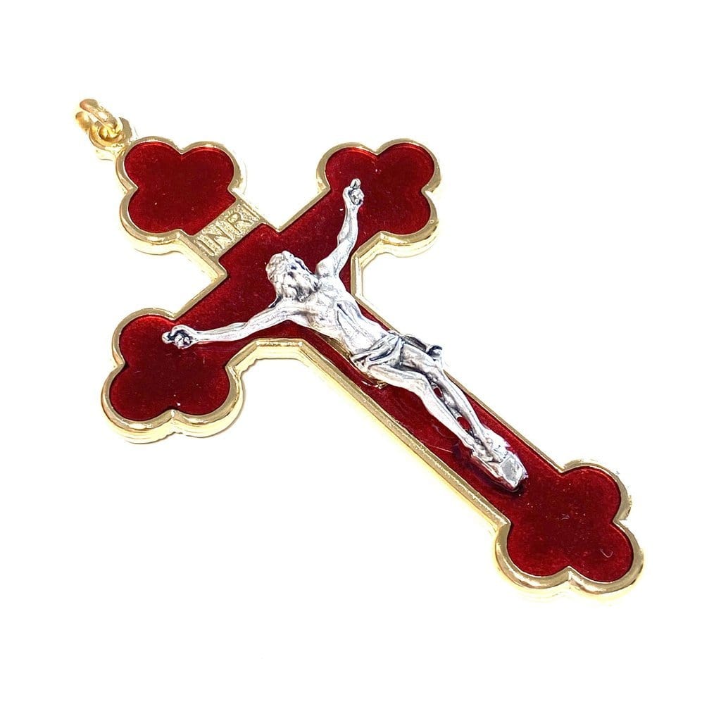 3" Red Pectoral Cross - Crucifix - Blessed By Pope Francis -First Communion-Catholically