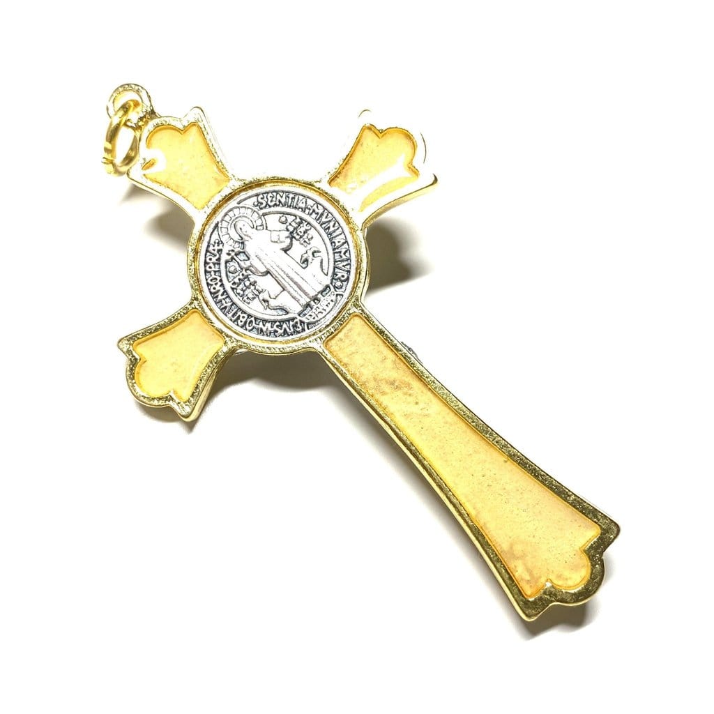 3" St. Benedict White-Golden Crucifix - Exorcism - Cross - Blessed By Pope-Catholically
