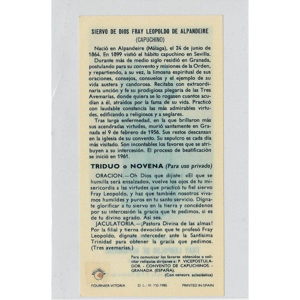 Bl. Leopold of Alpandeire  Relique  Reliquie   Reliquia  RELIC Holy Card - Catholically