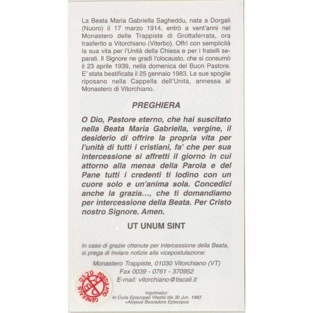 Bl Maria Gabriella Sagheddu Relique Reliquie Reliquia Relic Holy Card-Catholically