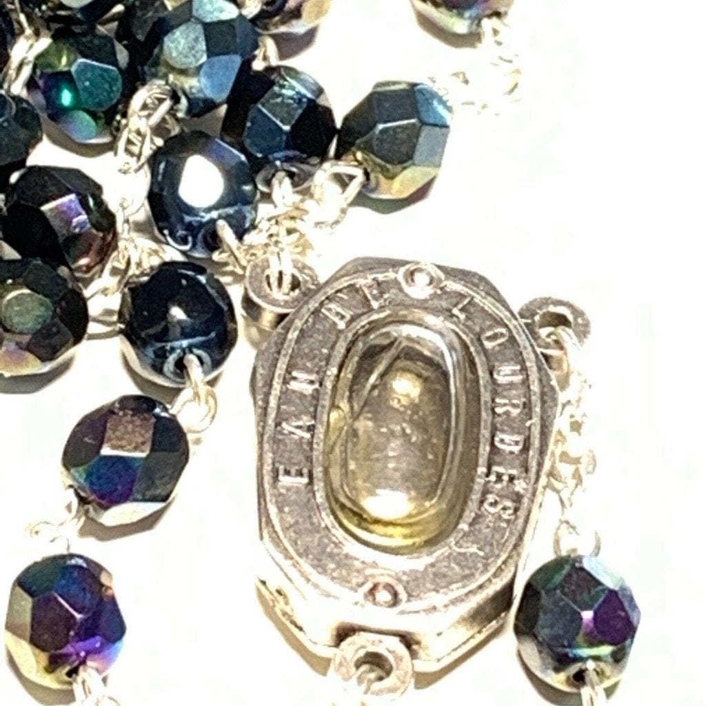 Black AB crystal -Catholic Rosary Lourdes Water Relic Medal - Blessed by Pope - Catholically