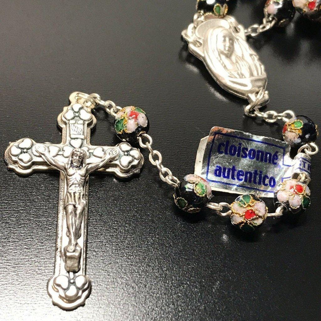 Black Cloisonne -Small Beads Rosary -Blessed By Pope -COA Parchment-Catholically