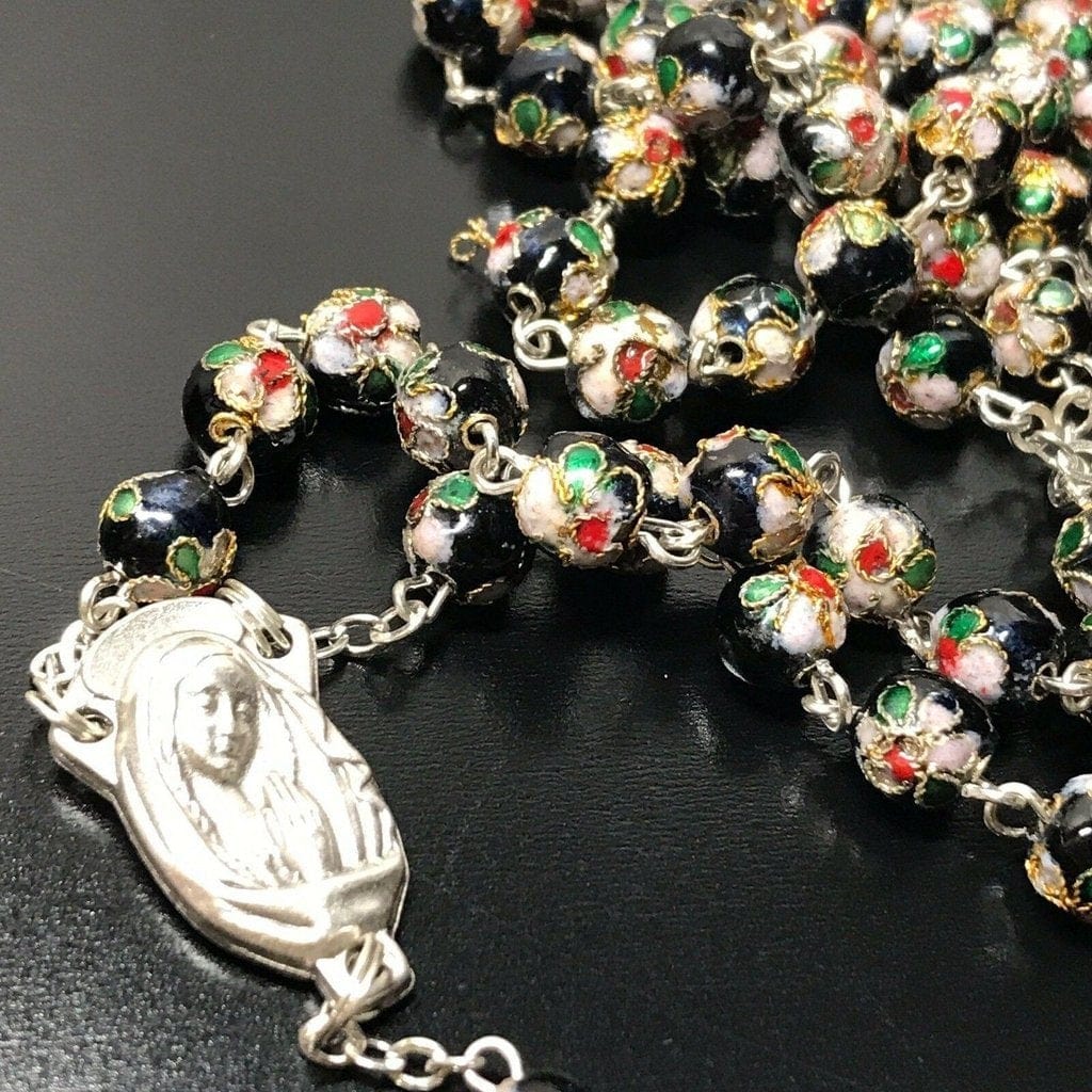 Black Cloisonne -Small Beads Rosary -Blessed By Pope -COA Parchment-Catholically