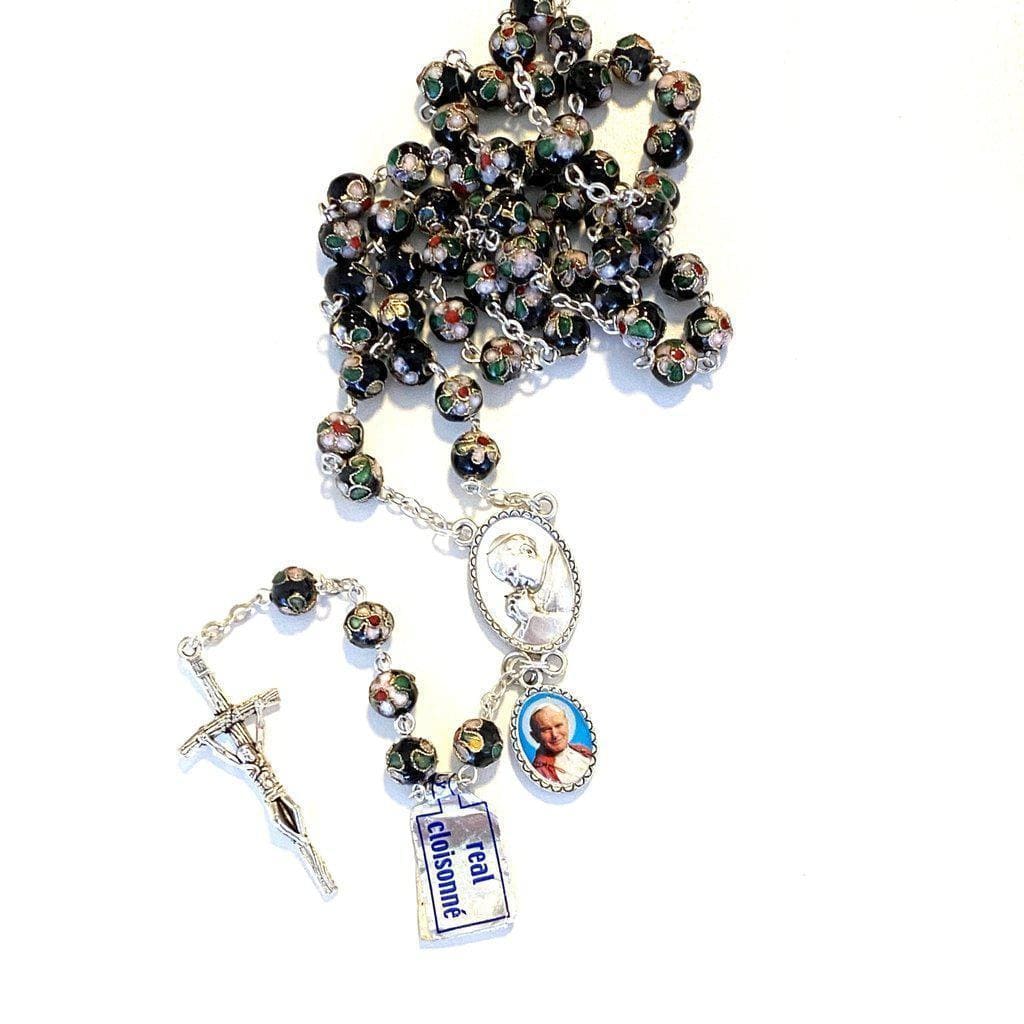 Black Cloisonne Rosary -St. John Paul II -JPII w/ Relic Medal -Blessed-Catholically