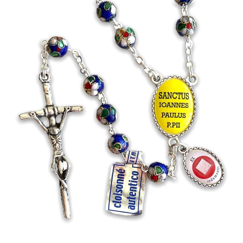 Blue Cloisonne Rosary -St.John Paul Ii -JPII w/ Relic Medal-Catholically