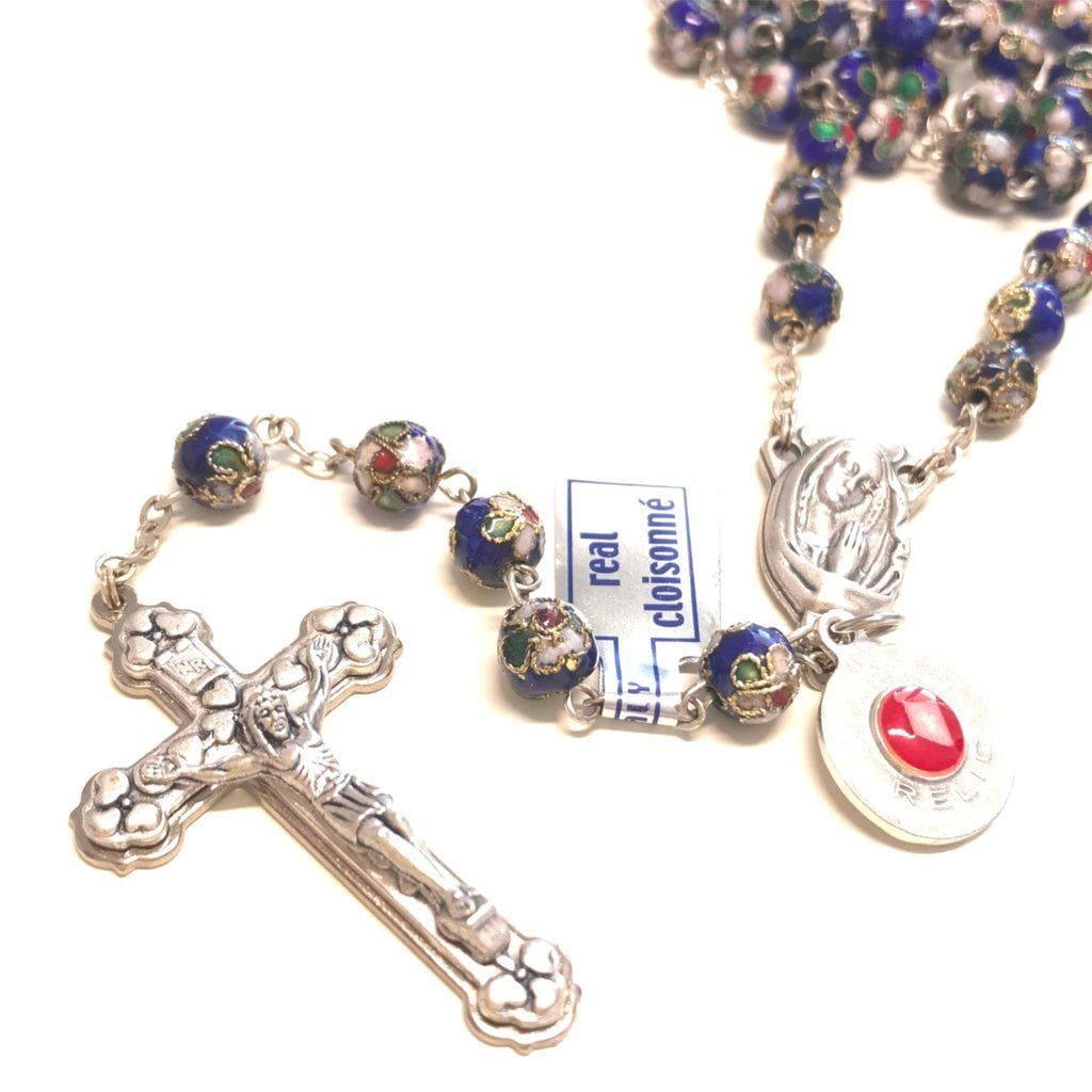 BLUE Cloisonne Rosary - St.John Paul II w/ Ex-indumentis relic medal -Blessed - Catholically