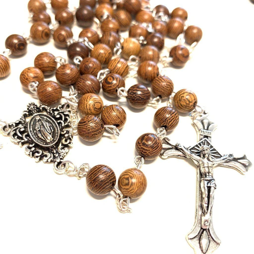 Iconeum Brown Wood Catholic Rosary Beads – 18 Inch Miraculous Center – Unisex, Made In Brazil