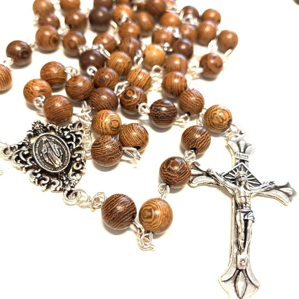 Catholic Virgin Mary Miraculous Medal zebra wood -wooden Rosary Blessed by Pope - Catholically