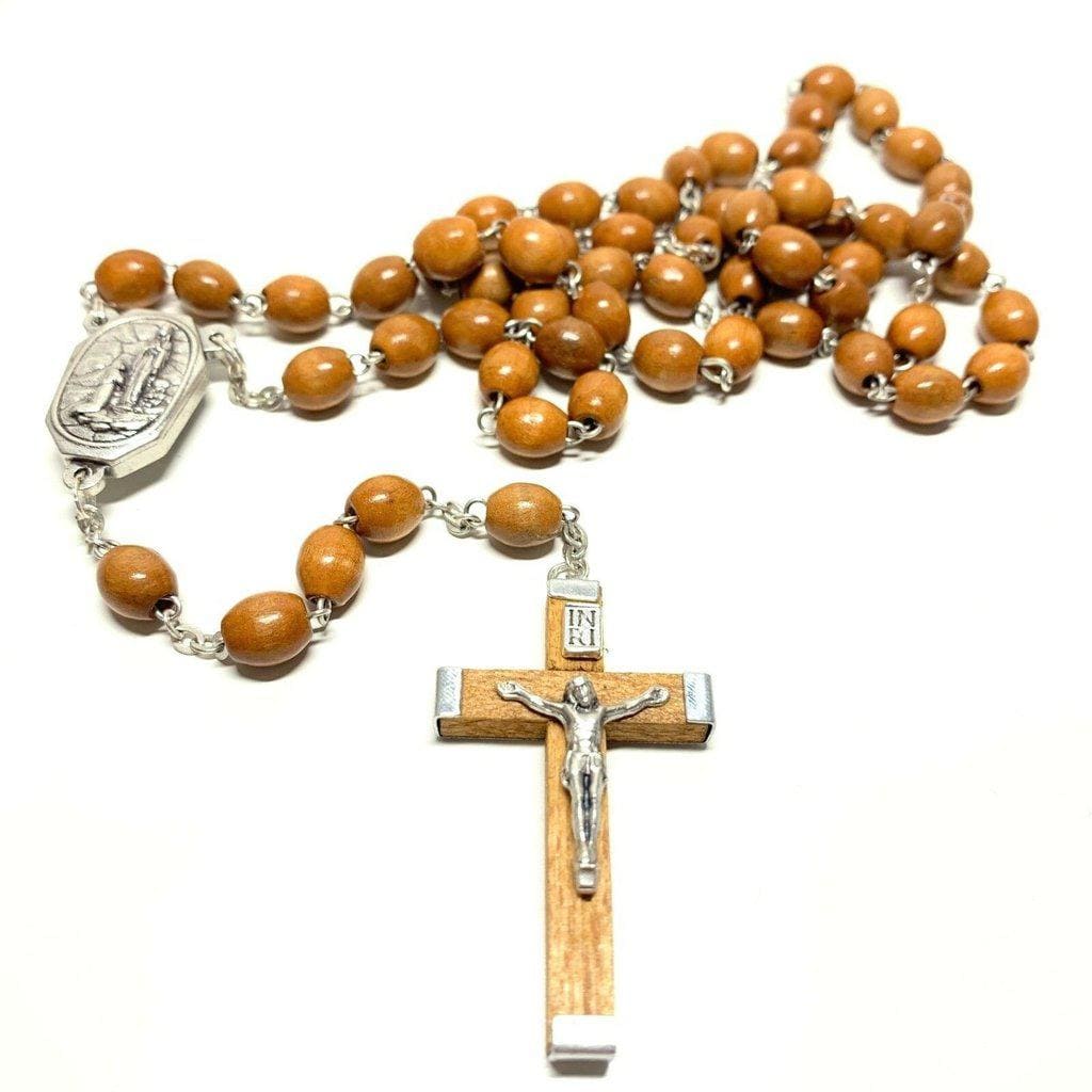 Catholic Wooden Rosary Lourdes Water Relic Medal - Blessed by Pope - Catholically
