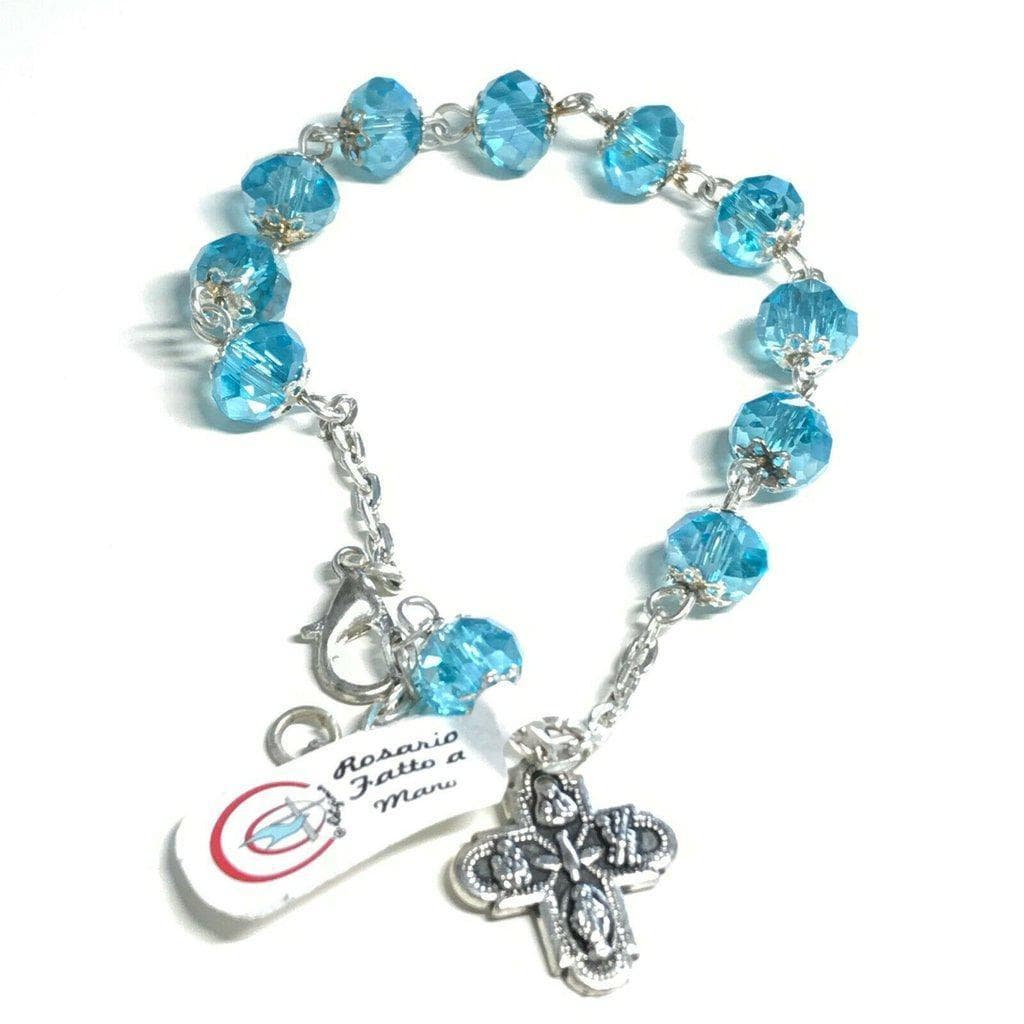 Four way medal - Hand made ten beads Aqua rosary bracelet - Blessed by Pope - Catholically