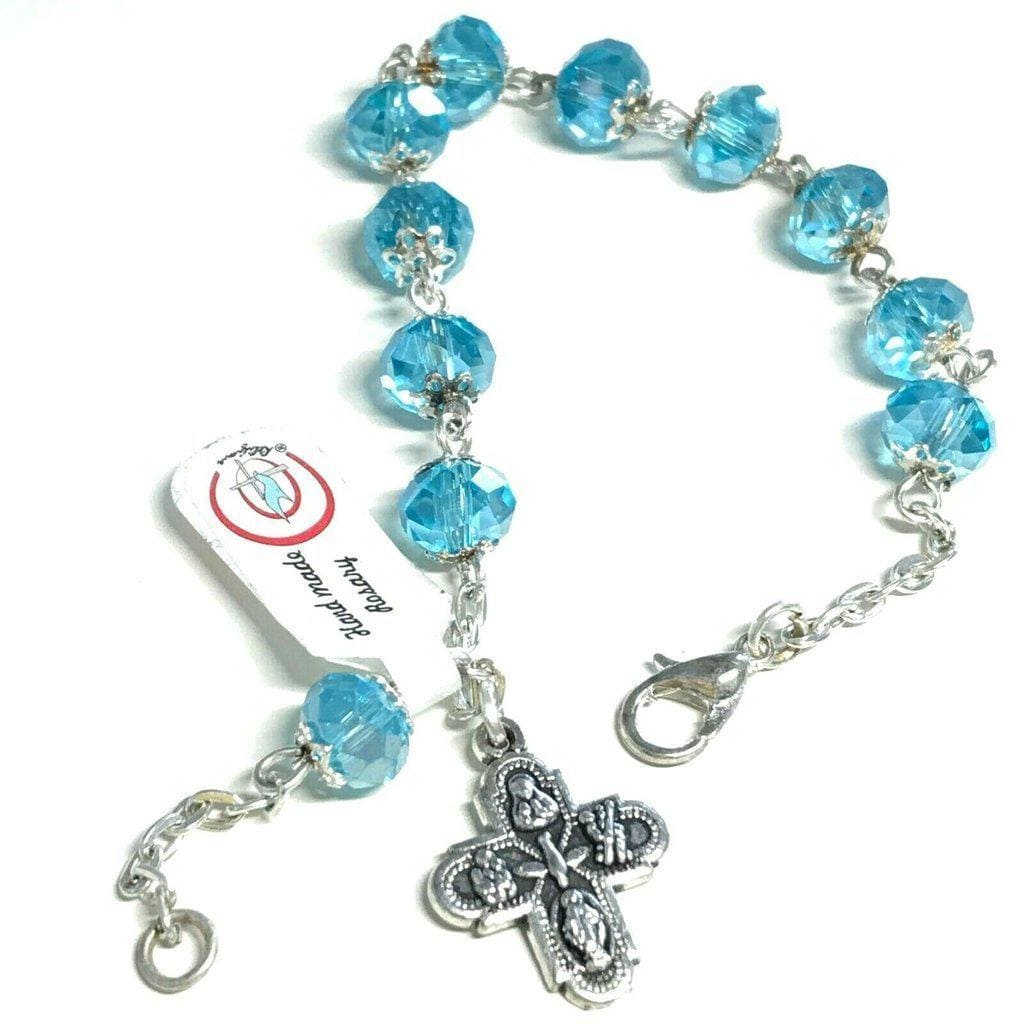 Four way medal - Hand made ten beads Aqua rosary bracelet - Blessed by Pope - Catholically