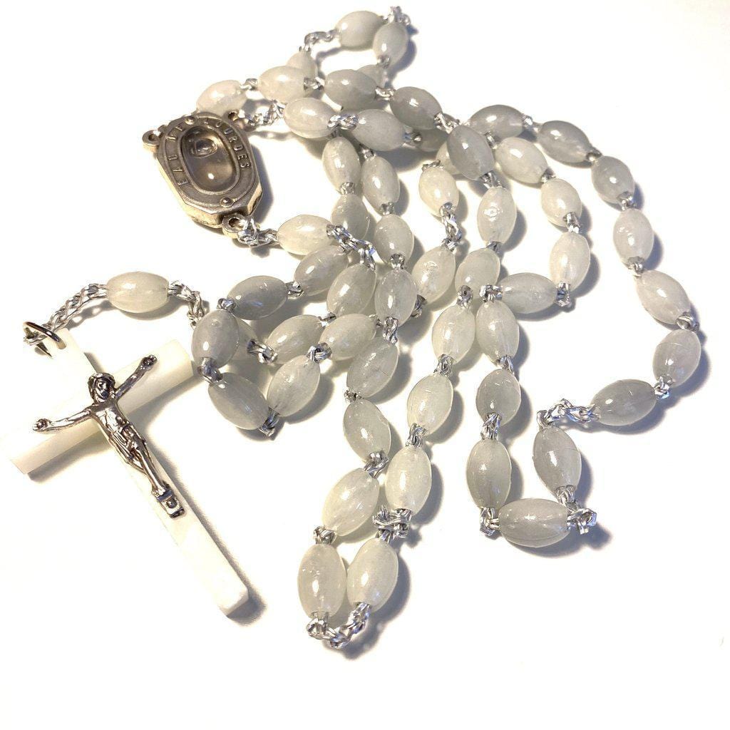 Handmade Catholic Clear with Blue Glow in the Dark Glass Bead Rosary high quality with Queen of Angels Center Medal