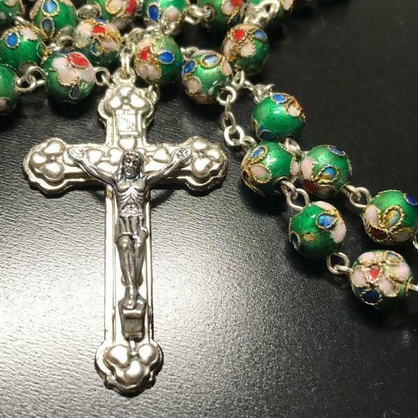 GREEN Cloisonne Rosary Blessed by Pope - prayer beads - Catholically