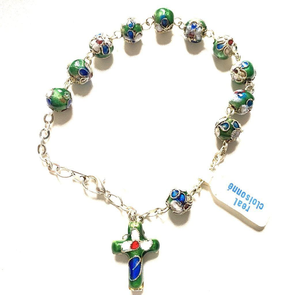 Green Cloisonne Rosary Bracelet Blessed By Pope On Request - Glass-Catholically