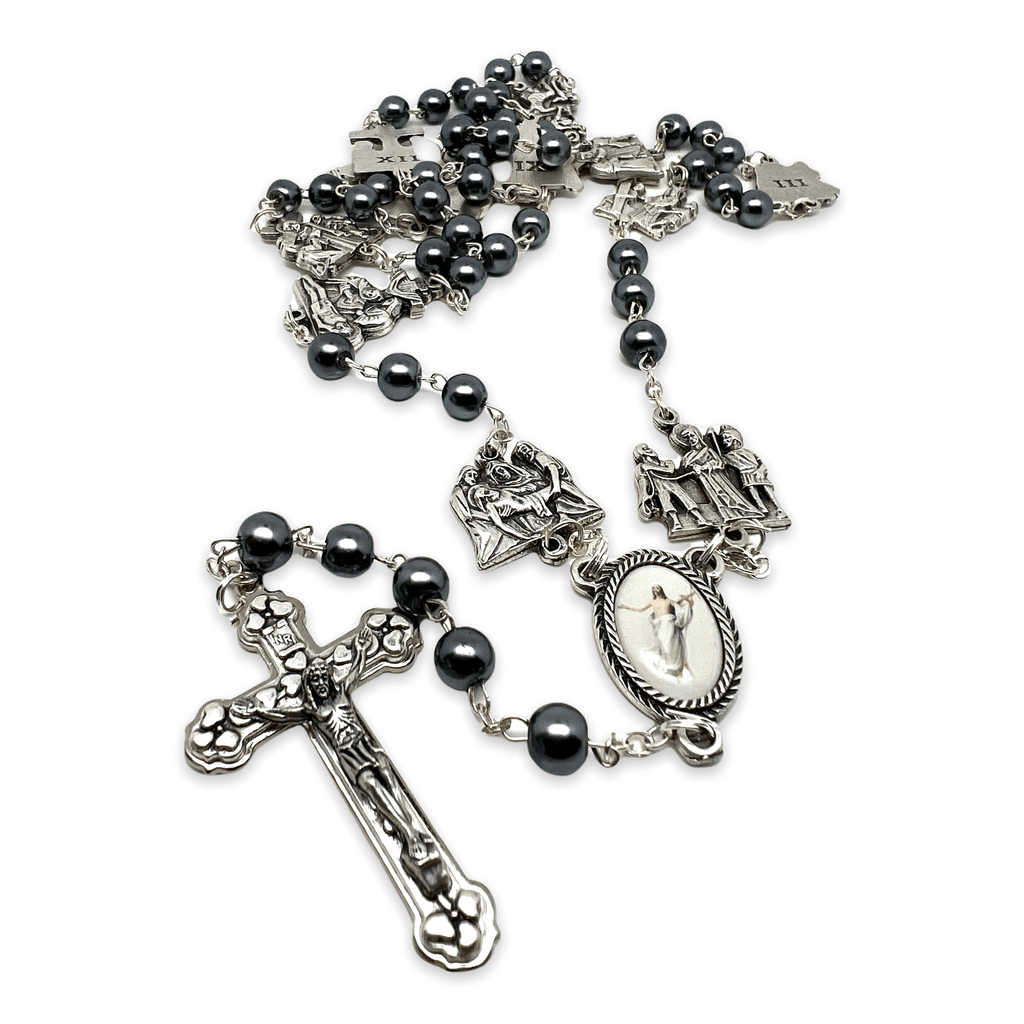 Papal Rosary Beads, Papal Crucifix, JPII Centerpiece, 6MM Hematite Beads