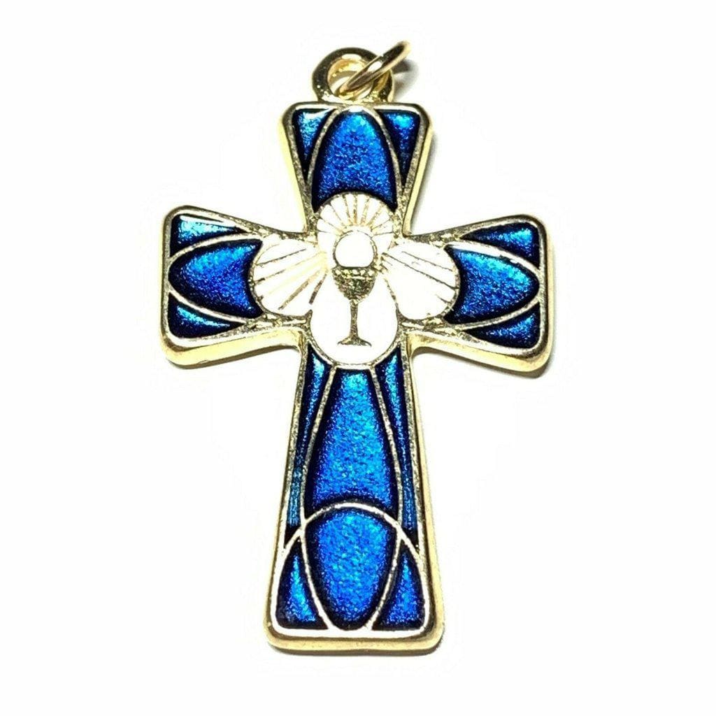 Holy Communion Cross - Brass & Blue Enamel Crucifix - Blessed By Pope-Catholically
