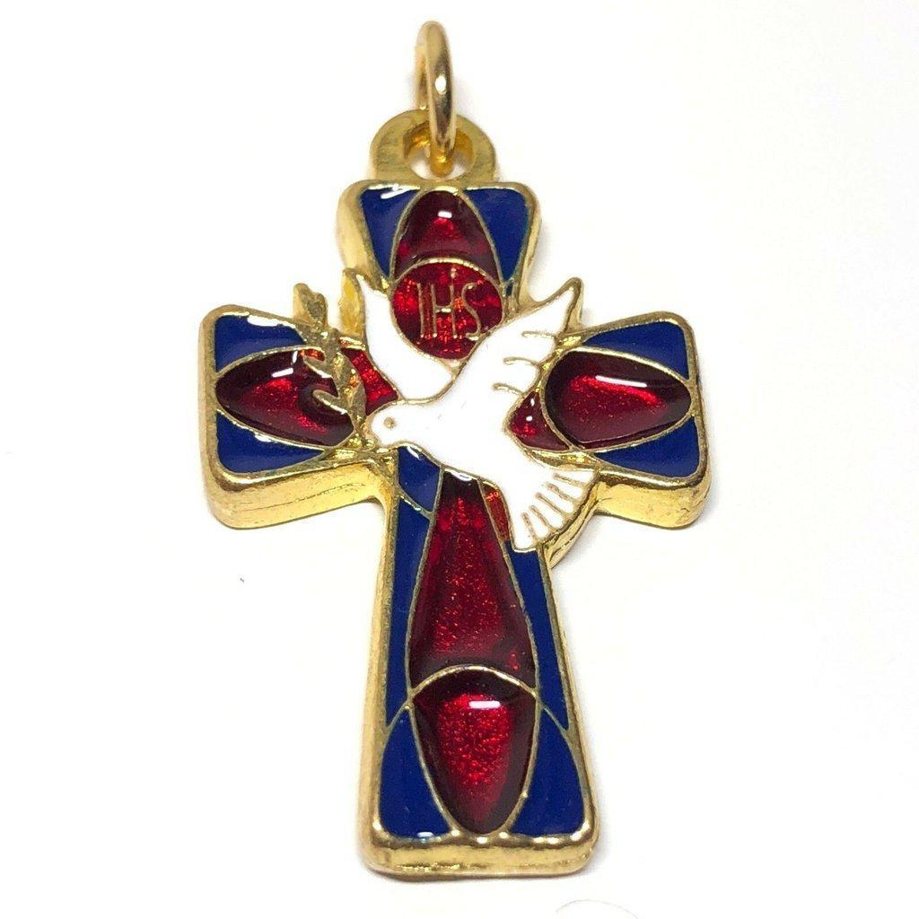 Holy Communion Cross - Brass Red & Blue Enamel Ihs Crucifix - Blessed By Pope-Catholically