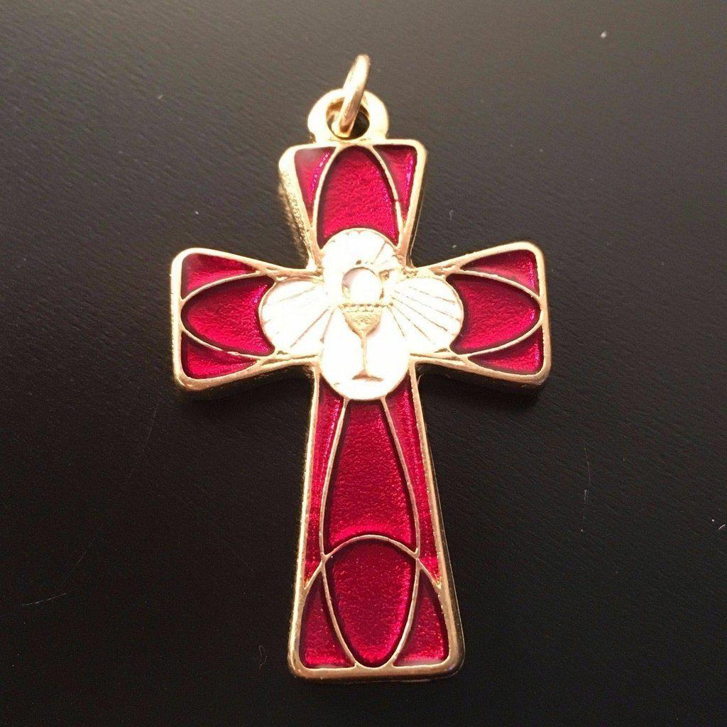Holy Communion CROSS - Brass & RED Enamel Crucifix - Blessed by Pope - Catholically