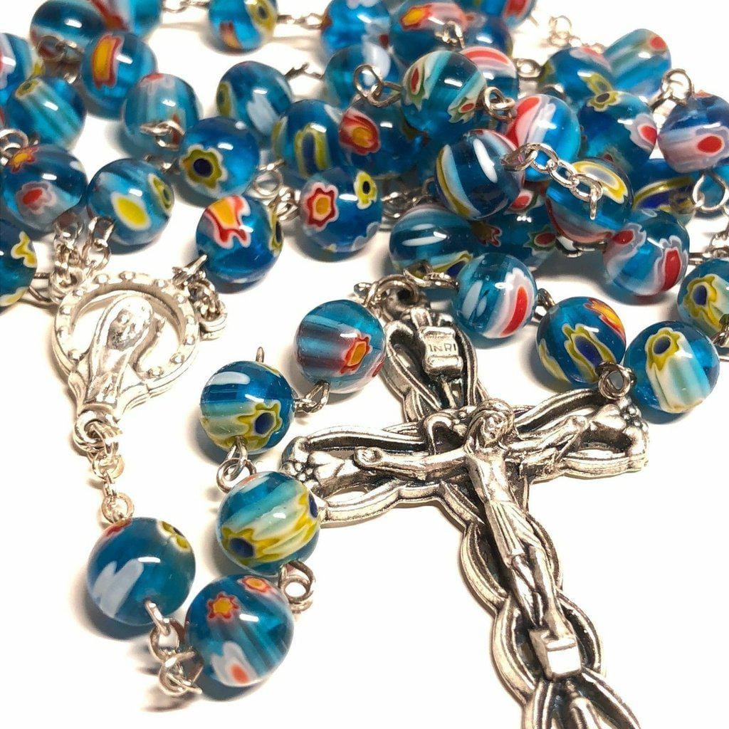 Holy Communion -Murrina Glass Blue Italian Rosary Virgin Mary Blessed by Pope - Catholically
