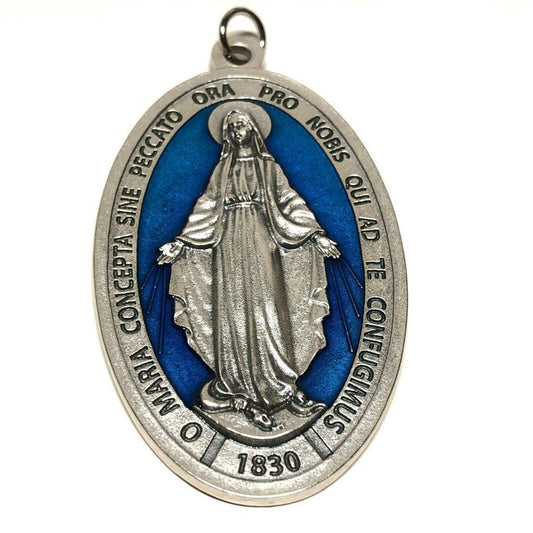 HUGE Miraculous Medal 3 with blue enamel - Blessed by Pope - charm - pendant - Catholically