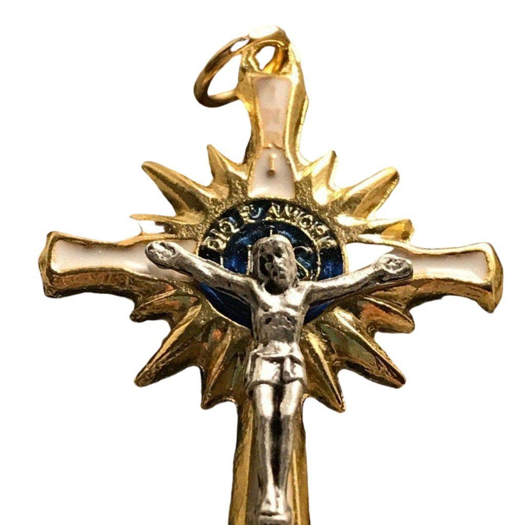 Little Cross Crucifix Blessed By Pope Francis - White Enamel over Brass-Catholically