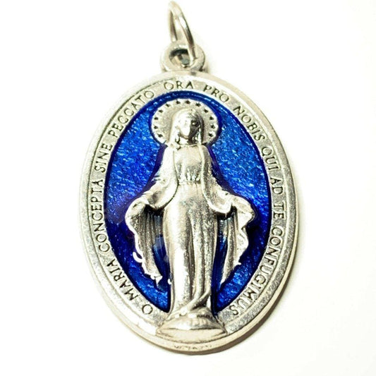 Miraculous Medal Blue Enamel & Silvered Metal Blessed By Pope Charm Pendant-Catholically