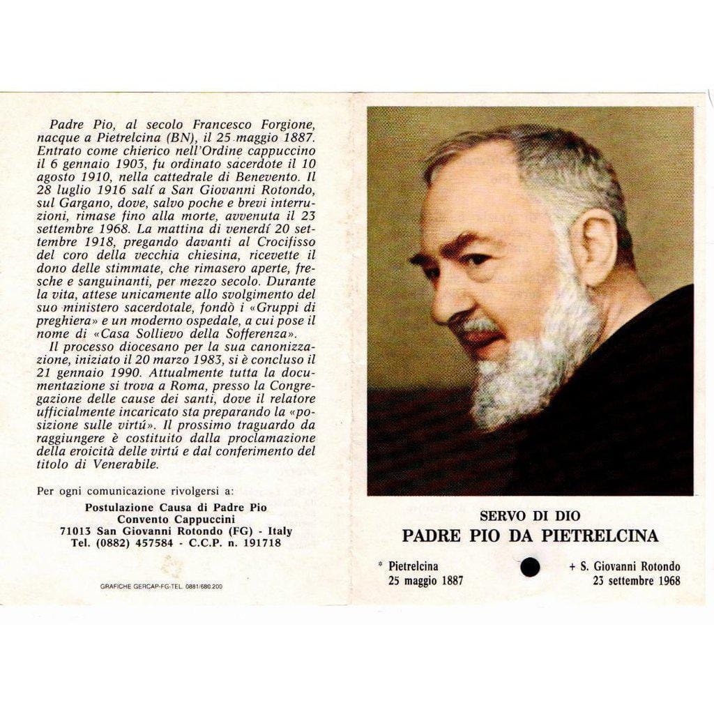 Saint Padre Pio Holy Card w/ Relic - St. Father Pio vintage prayer card-Catholically