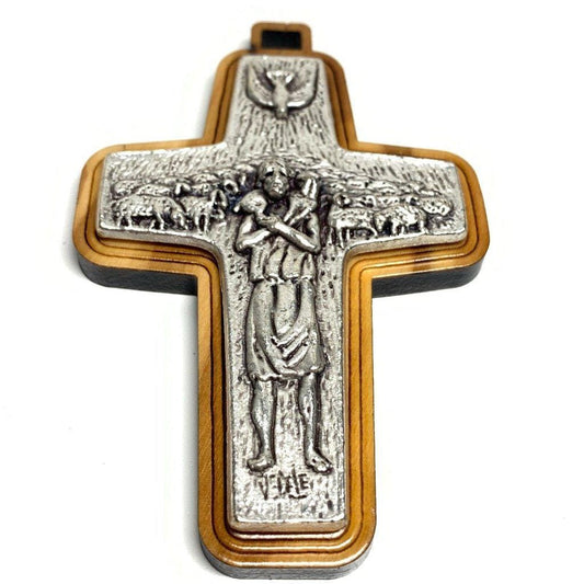 Pope Francis Original Pectoral Cross set on olive wood - Good Pastor crucifix - Catholically