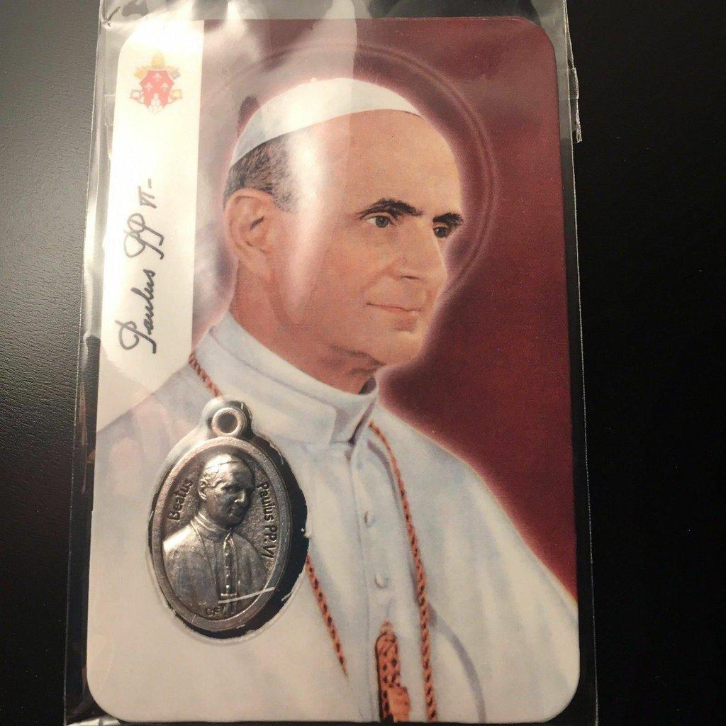 Pope Paul VI Official Photo w/ coat of arms & Medal - Holy Card - Catholically