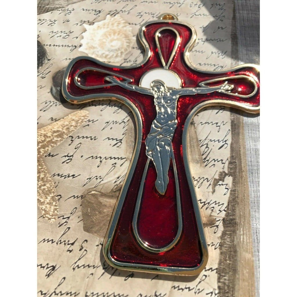 Red -5 Wall crucifix - Blessed by Pope Francis - BRASS & ENAMEL CROSS - Catholically