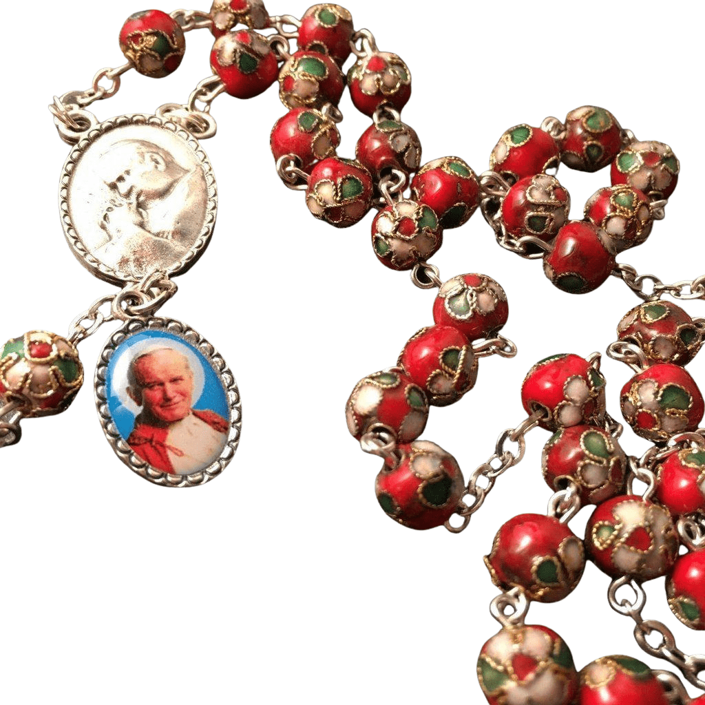 Red Cloisonne Rosary - St.John Paul Ii W/ Ex-Indumentis Relic Medal - Blessed-Catholically