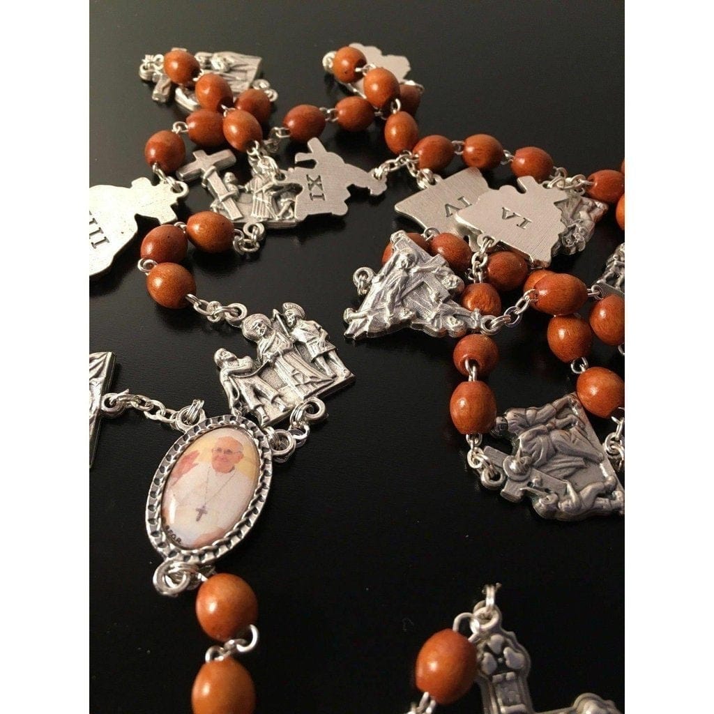 Rosary Stations of the cross Light brown wood -Blessed by Pope - Catholically
