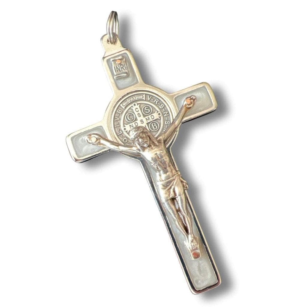 Catholically St Benedict Cross Saint Benedict 3" Pearl White Crucifix - Small Pectoral Cross