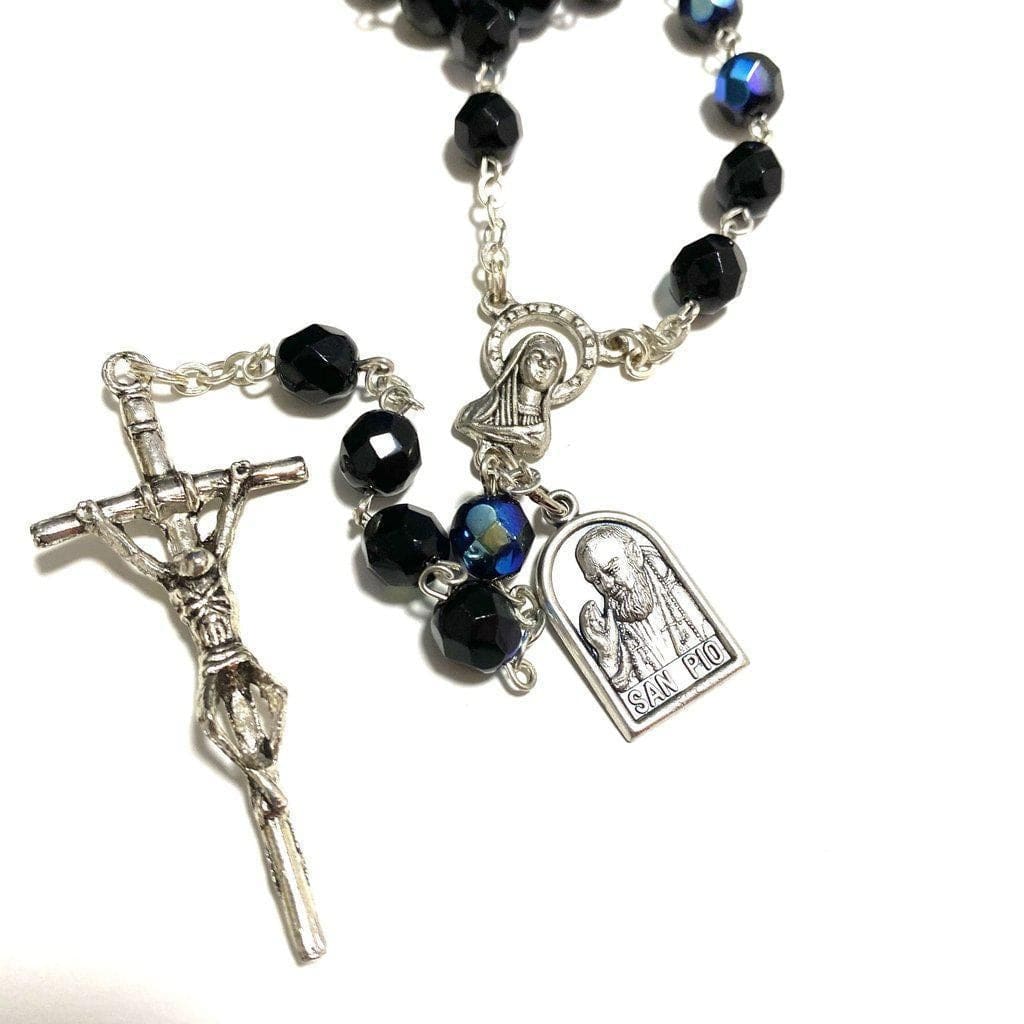 Saint Padre Pio Black Rosary Blessed By Pope w/ 2nd Class Relic - St. Father Pio-Catholically