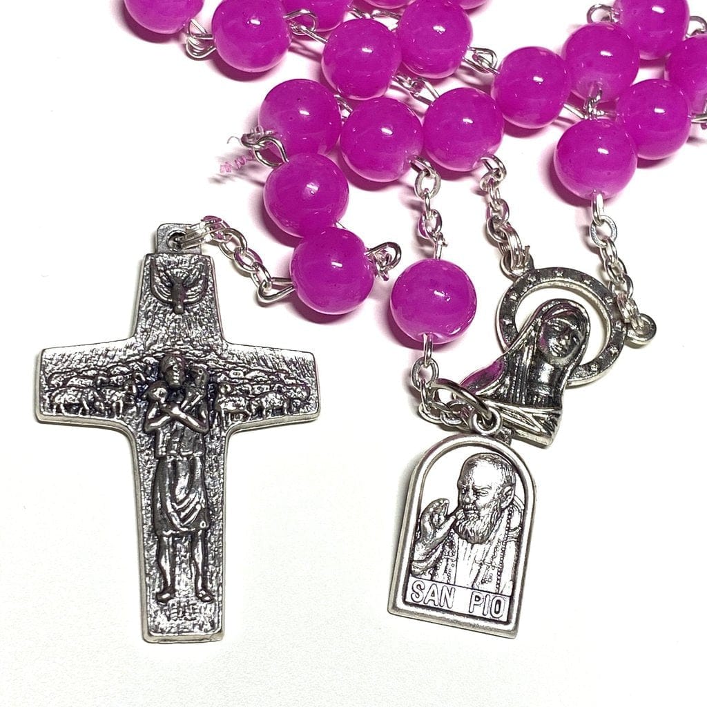 Saint Padre Pio PINK ROSARY BLESSED by POPE w/ 2nd class relic - St. Father Pio-Catholically