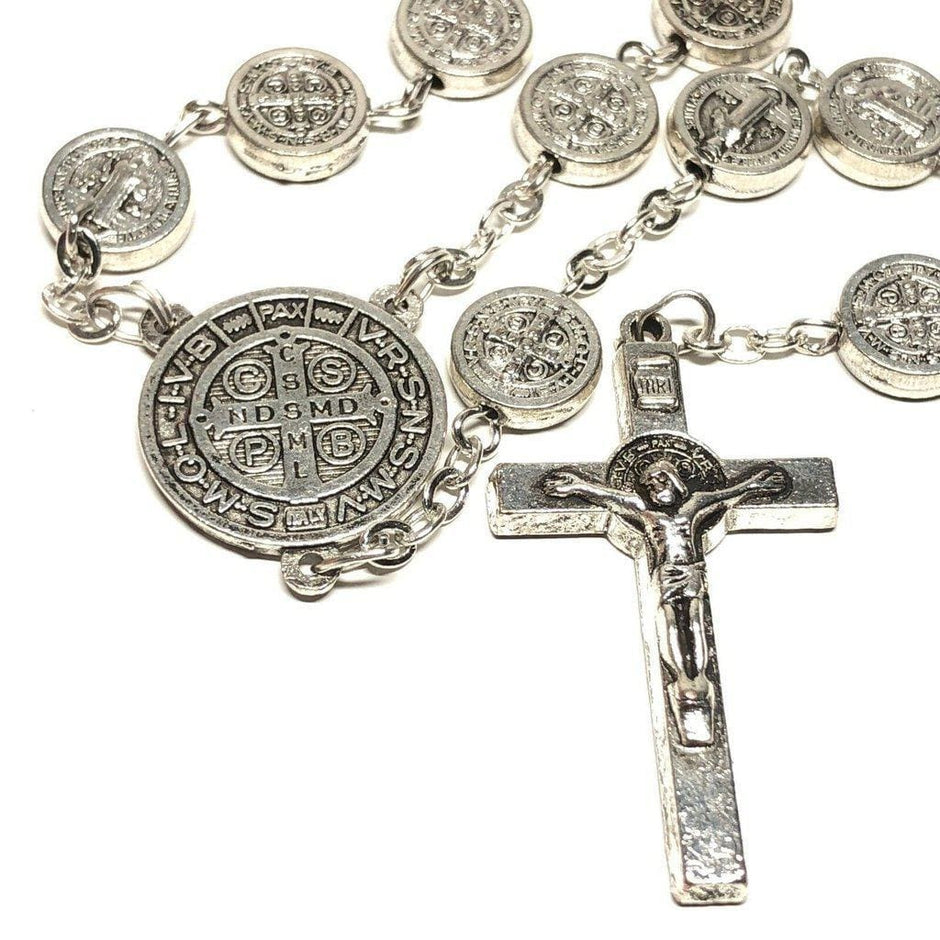 Saint Benedict Rosary Necklace - Red Glass Beads With San Benito Medal & Cross
