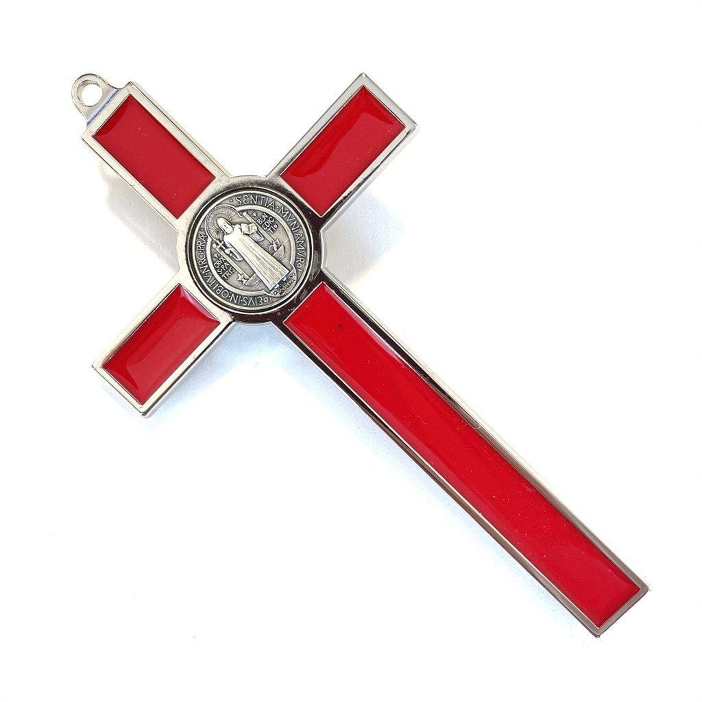 Silver-tone Red 5" St. Benedict Crucifix -Exorcism -Blessed Cross-Catholically