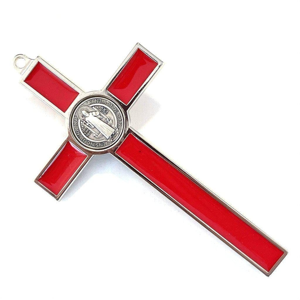 Silver-tone Red 5" St. Benedict Crucifix -Exorcism -Blessed Cross-Catholically