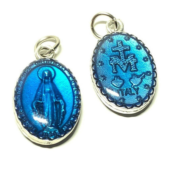 Small Miraculous Medal - Blue Enamel Pendant - Virgin Mary -Blessed