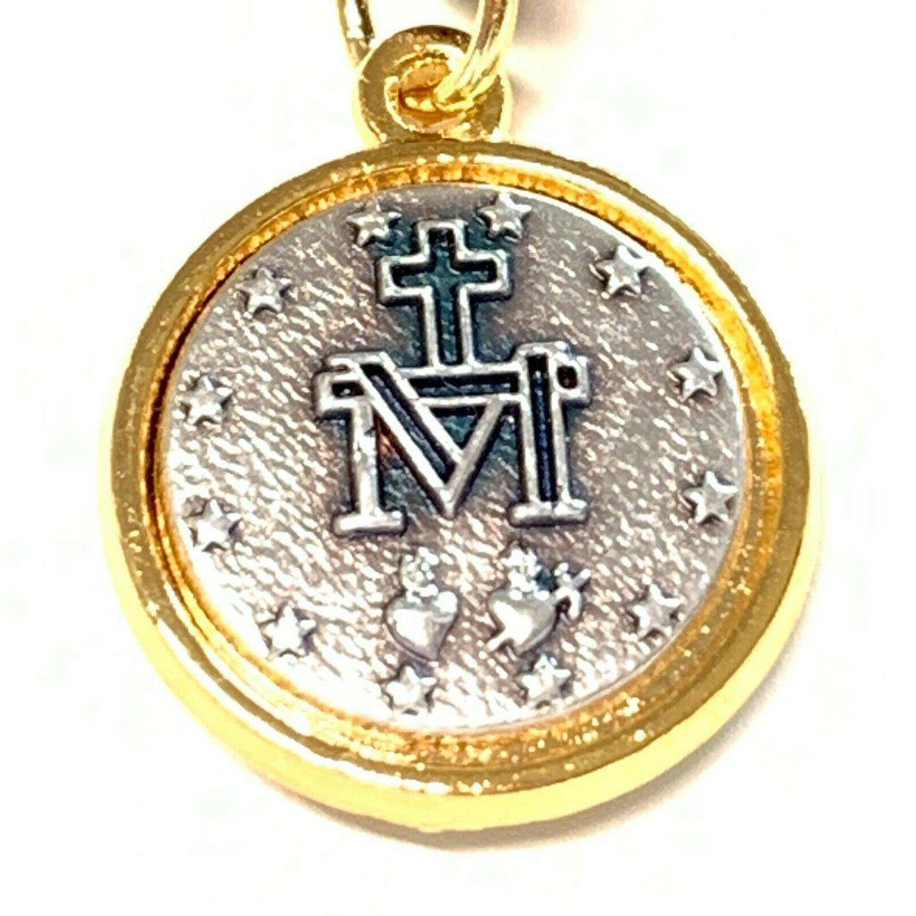 Tiny Miraculous Mary Medal with Blue Enamel Detail, English, 1/2