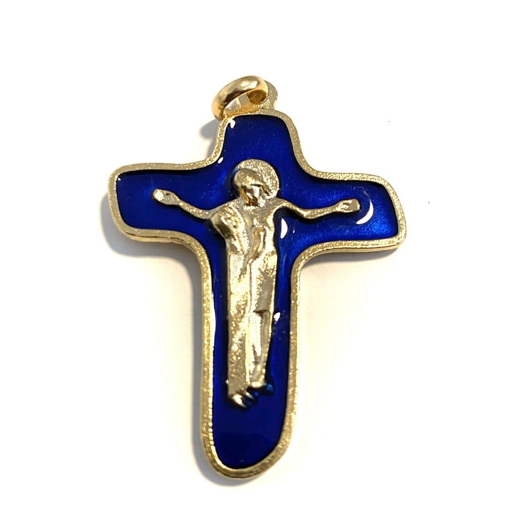 Sorrowful Mother Pectoral Cross - 1" 3/4 Blue Crucifix - Blessed By Pope - Parts-Catholically