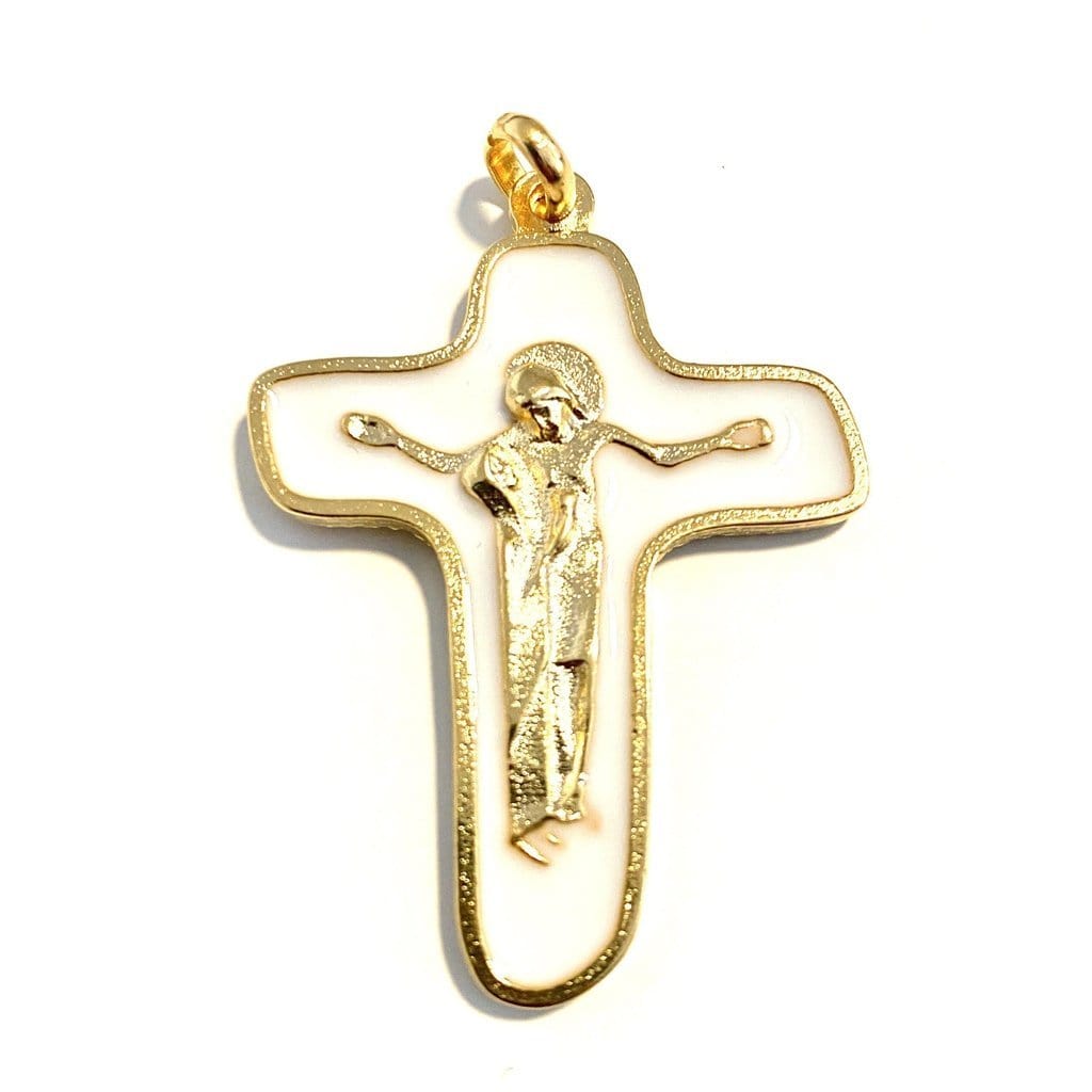 Sorrowful Mother Pectoral Cross - 1" 3/4 White Crucifix - Blessed By Pope - Parts-Catholically